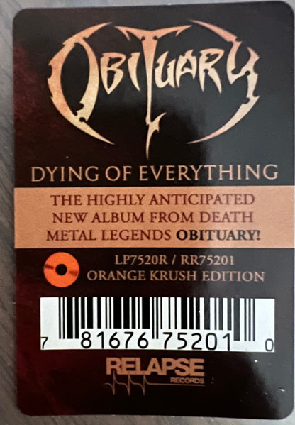 OBITUARY – DYING OF EVERYTHING orange krush edition vinyl LP