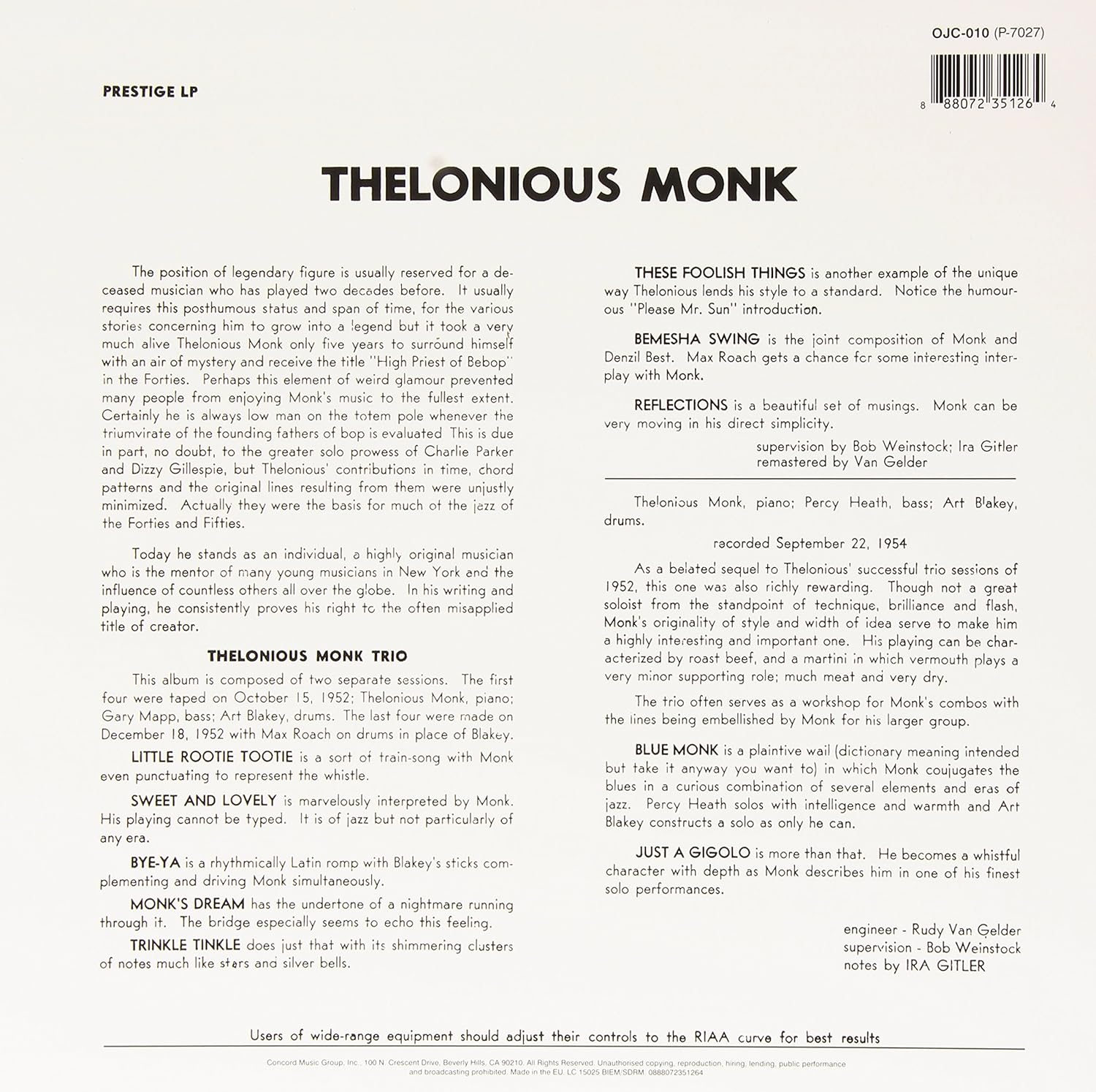 MONK THELONIOUS – THELONIOUS MONK TRIO LP
