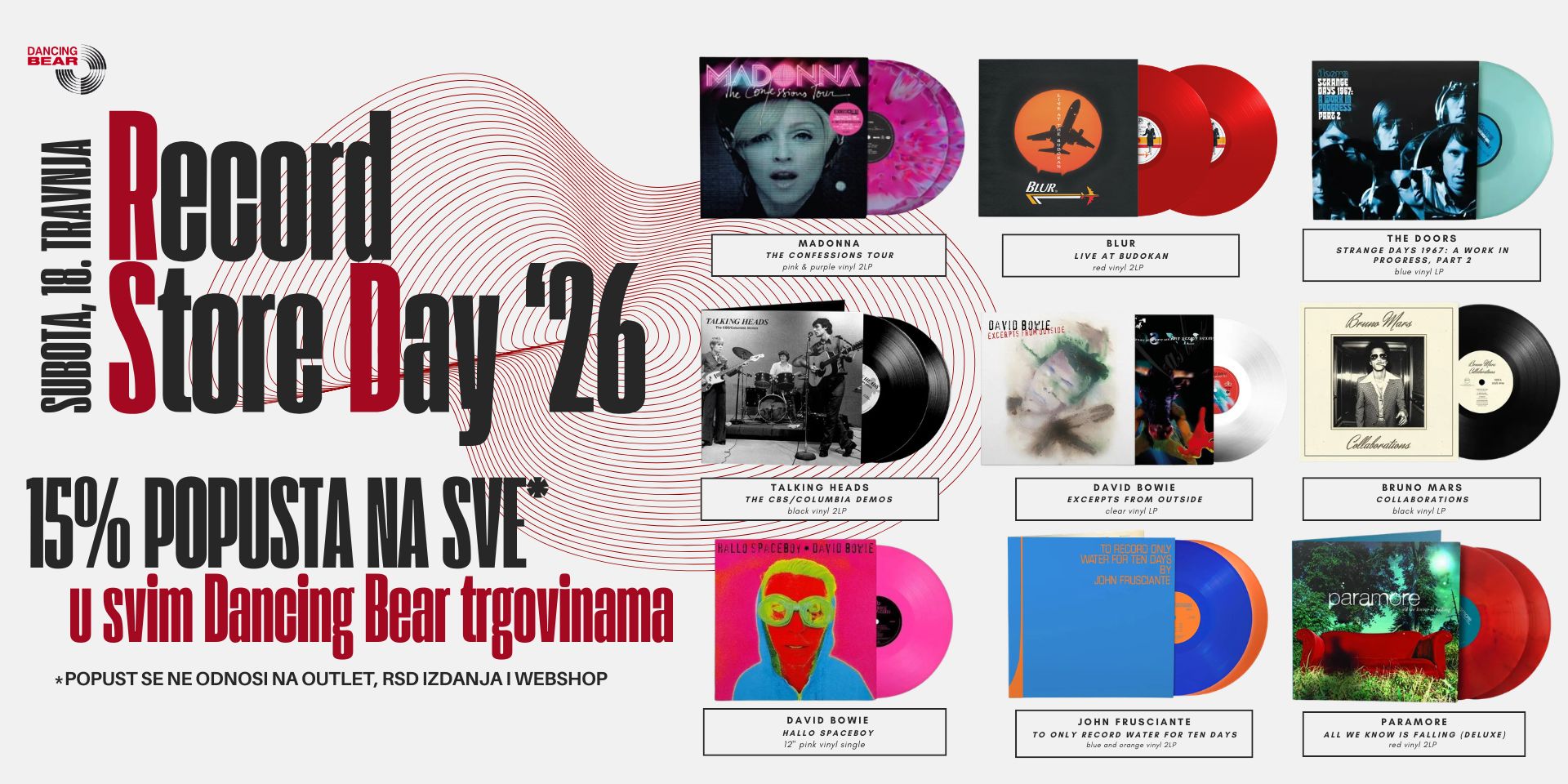 Record Store Day stiže u Dancing Bear trgovine! Uhvati 15% popusta i ekskluzivna RSD izdanja 18. travnja u svim Dancing Bear trgovinama.